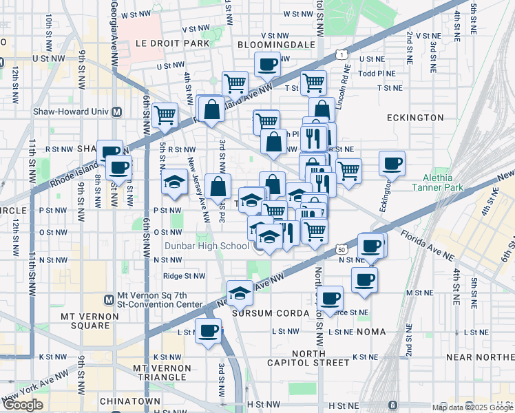 map of restaurants, bars, coffee shops, grocery stores, and more near 119 P Street Northwest in Washington