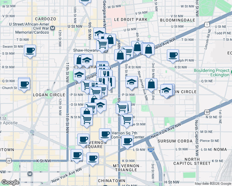 map of restaurants, bars, coffee shops, grocery stores, and more near 607 P Street Northwest in Washington