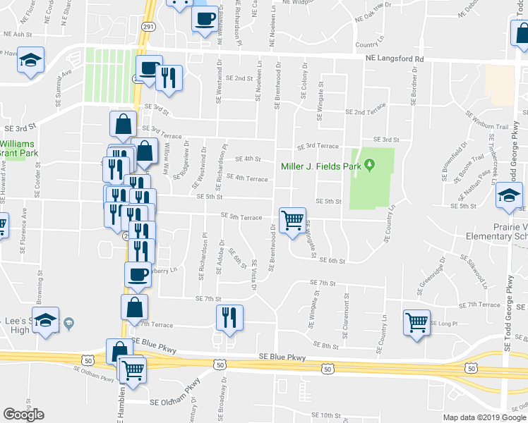 map of restaurants, bars, coffee shops, grocery stores, and more near 1026 Southeast 5th Terrace in Lee's Summit