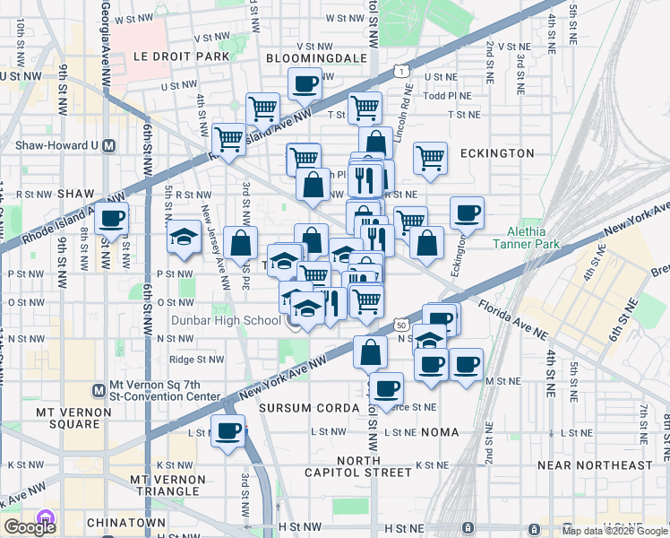 map of restaurants, bars, coffee shops, grocery stores, and more near 101 Independence Avenue Southeast in Washington
