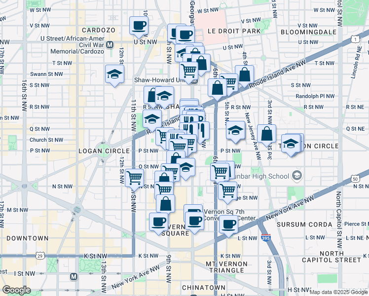 map of restaurants, bars, coffee shops, grocery stores, and more near 751 P Street Northwest in Washington