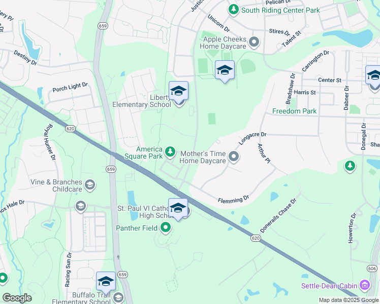 map of restaurants, bars, coffee shops, grocery stores, and more near 25565 America Square in Chantilly