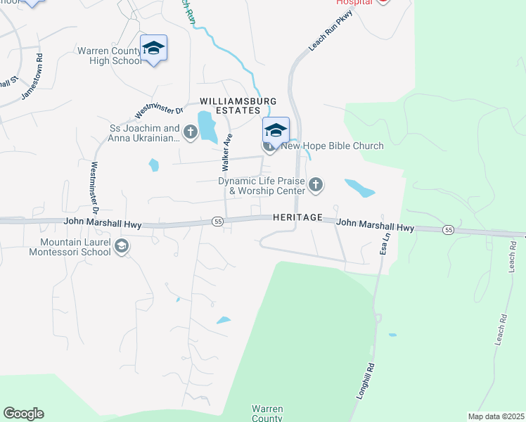 map of restaurants, bars, coffee shops, grocery stores, and more near 2 South Lake Avenue in Front Royal