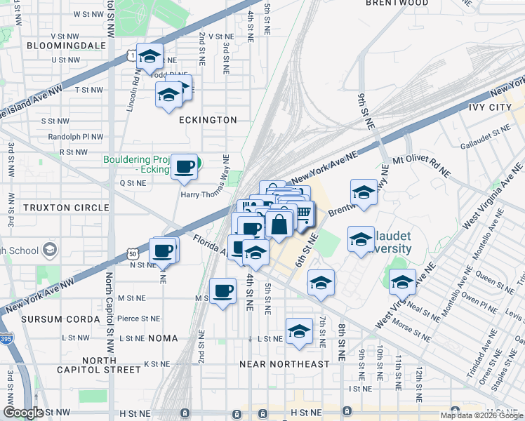map of restaurants, bars, coffee shops, grocery stores, and more near 101 Independence Avenue Southeast in Washington