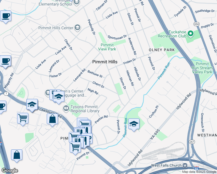 map of restaurants, bars, coffee shops, grocery stores, and more near 2039 Cherri Drive in Falls Church