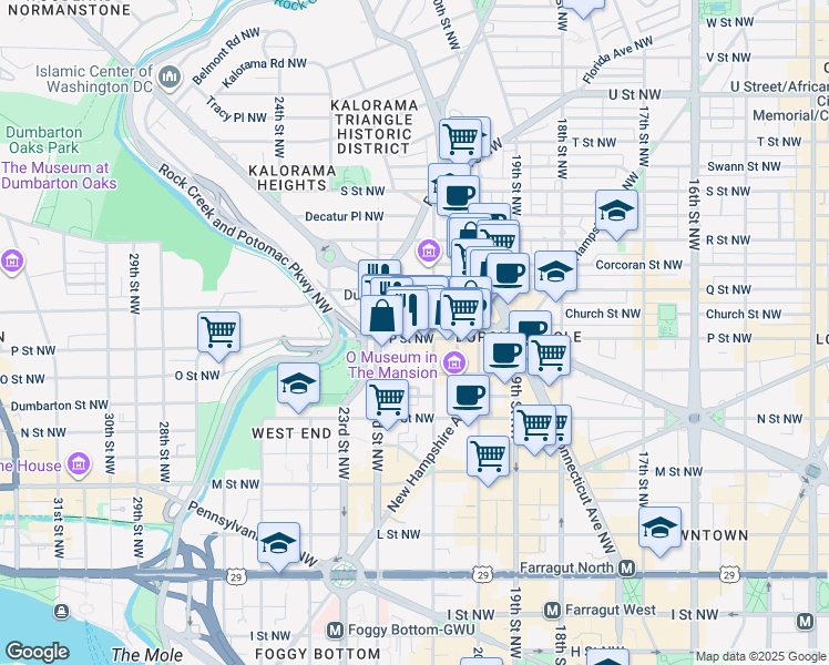 map of restaurants, bars, coffee shops, grocery stores, and more near 2121 P Street Northwest in Washington