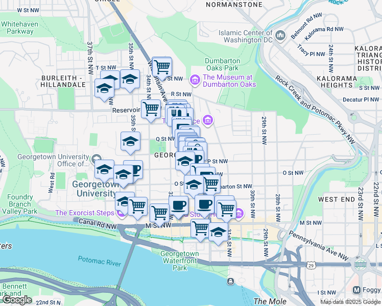 map of restaurants, bars, coffee shops, grocery stores, and more near 1523 Wisconsin Avenue Northwest in Washington