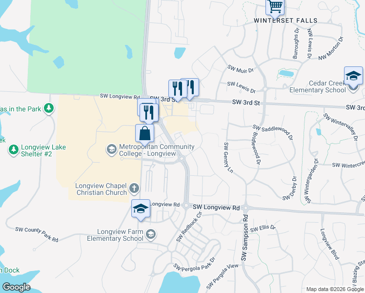 map of restaurants, bars, coffee shops, grocery stores, and more near 451 Southwest Longview Boulevard in Lee's Summit