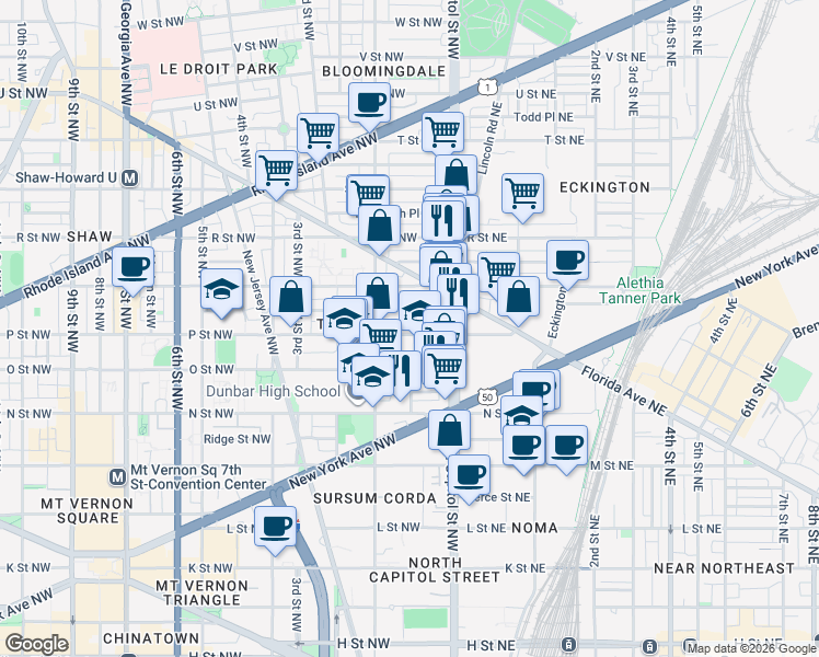 map of restaurants, bars, coffee shops, grocery stores, and more near 101 Independence Avenue Southeast in Washington