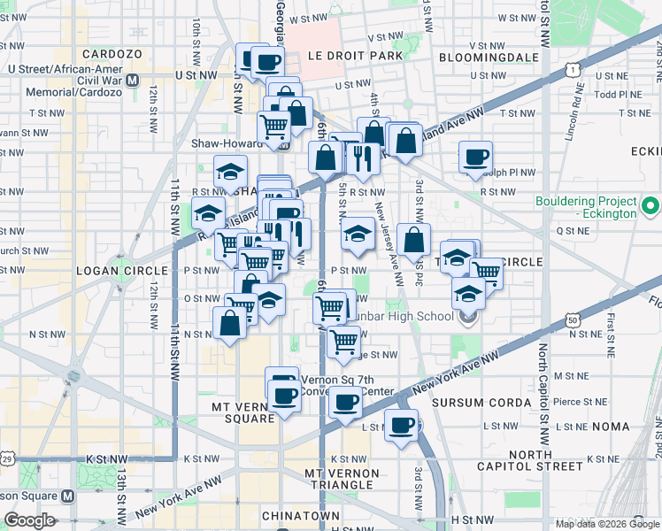 map of restaurants, bars, coffee shops, grocery stores, and more near 101 Independence Avenue Southeast in Washington