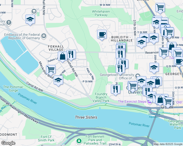 map of restaurants, bars, coffee shops, grocery stores, and more near 1545 44th Street Northwest in Washington