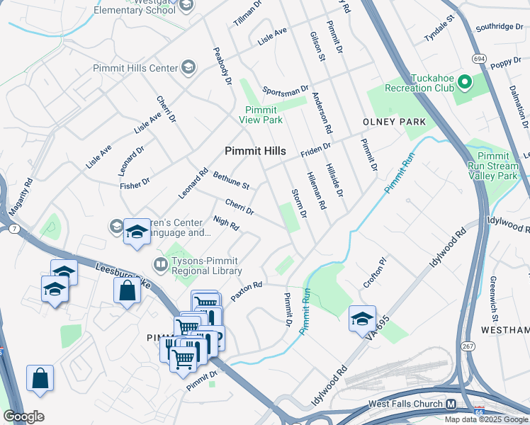 map of restaurants, bars, coffee shops, grocery stores, and more near 2039 Cherri Drive in Falls Church