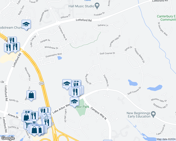map of restaurants, bars, coffee shops, grocery stores, and more near 10215 Sea Pines Drive in Bowie