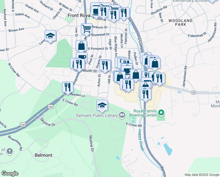 map of restaurants, bars, coffee shops, grocery stores, and more near 454 Hill Street in Front Royal