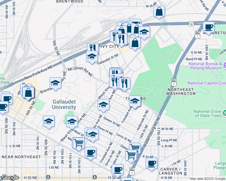 map of restaurants, bars, coffee shops, grocery stores, and more near 1736 Montello Avenue Northeast in Washington