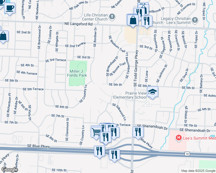 map of restaurants, bars, coffee shops, grocery stores, and more near 1601 Southeast 5th Street in Lee's Summit