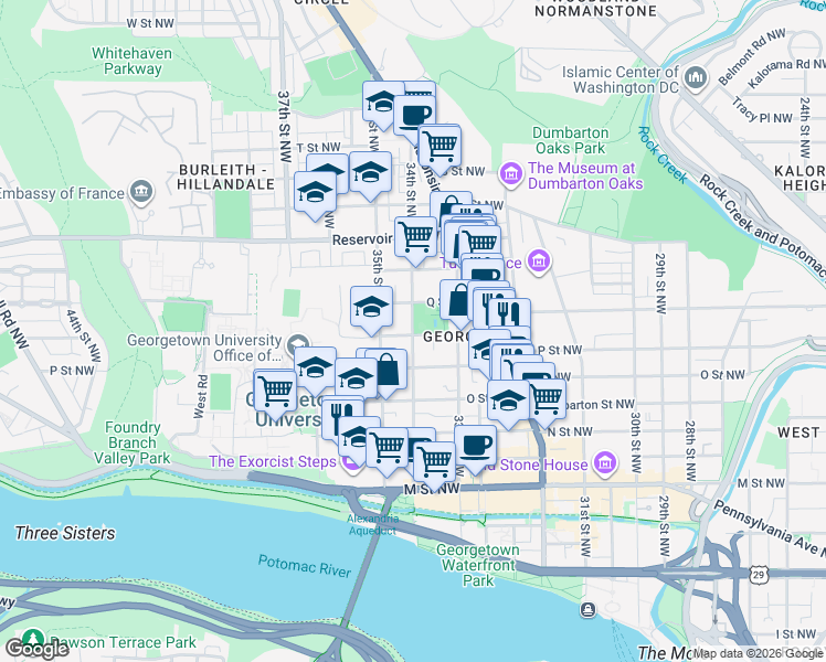 map of restaurants, bars, coffee shops, grocery stores, and more near 34th Street Northwest in Washington