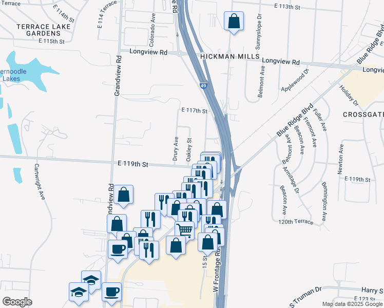 map of restaurants, bars, coffee shops, grocery stores, and more near 11815 Oakley Street in Kansas City