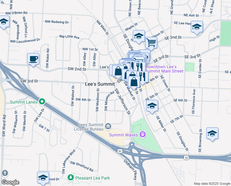 map of restaurants, bars, coffee shops, grocery stores, and more near 201 Southwest Mission Road in Lee's Summit