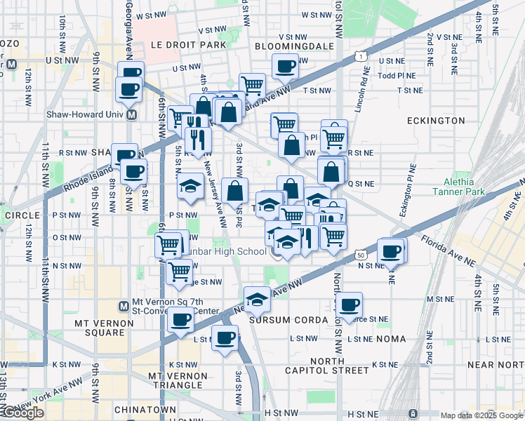 map of restaurants, bars, coffee shops, grocery stores, and more near 203 P Street Northwest in Washington