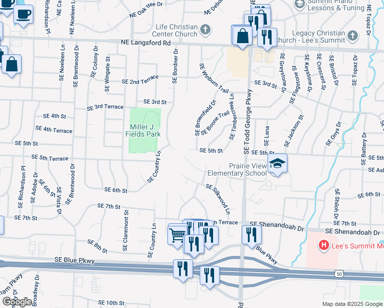 map of restaurants, bars, coffee shops, grocery stores, and more near 1601 Southeast 5th Street in Lee's Summit