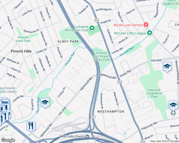 map of restaurants, bars, coffee shops, grocery stores, and more near 7054 Idylwood Road in Falls Church