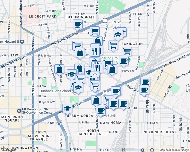 map of restaurants, bars, coffee shops, grocery stores, and more near 101 Independence Avenue Southeast in Washington