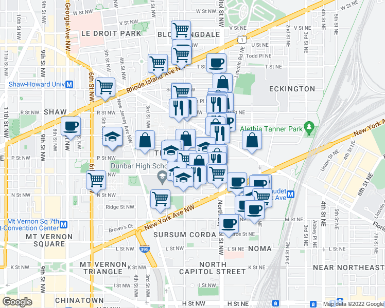 map of restaurants, bars, coffee shops, grocery stores, and more near 75 P Street Northwest in Washington