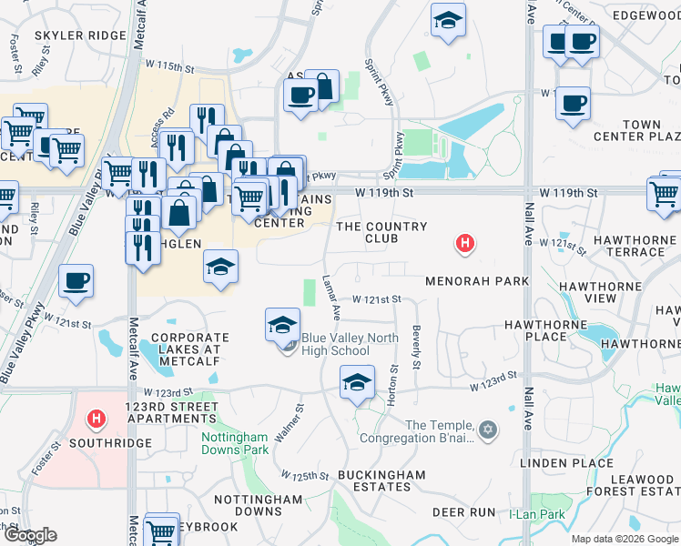 map of restaurants, bars, coffee shops, grocery stores, and more near 6233 West 120th Street in Overland Park
