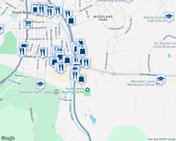 map of restaurants, bars, coffee shops, grocery stores, and more near 851 John Marshall Highway in Front Royal