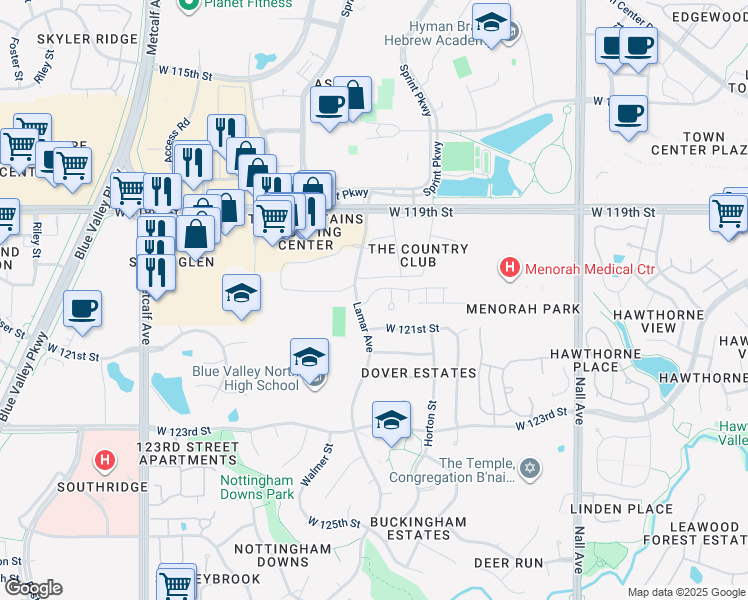 map of restaurants, bars, coffee shops, grocery stores, and more near 6233 West 120th Street in Overland Park