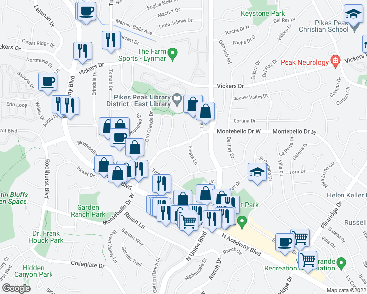 map of restaurants, bars, coffee shops, grocery stores, and more near 2739 Montebello Drive West in Colorado Springs