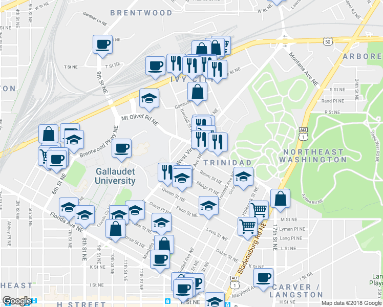 map of restaurants, bars, coffee shops, grocery stores, and more near 101 Independence Avenue Southeast in Washington