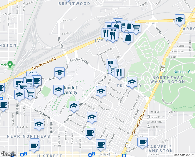 map of restaurants, bars, coffee shops, grocery stores, and more near 101 Independence Avenue Southeast in Washington