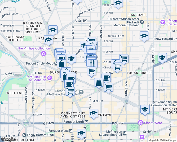 map of restaurants, bars, coffee shops, grocery stores, and more near 1506 17th Street Northwest in Washington