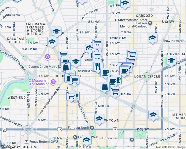 map of restaurants, bars, coffee shops, grocery stores, and more near 1705 P Street Northwest in Washington