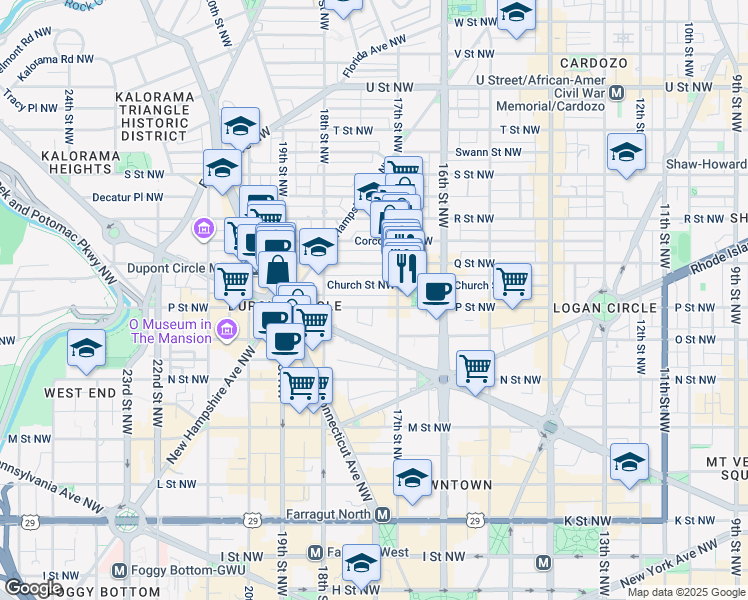 map of restaurants, bars, coffee shops, grocery stores, and more near 1717 P Street Northwest in Washington