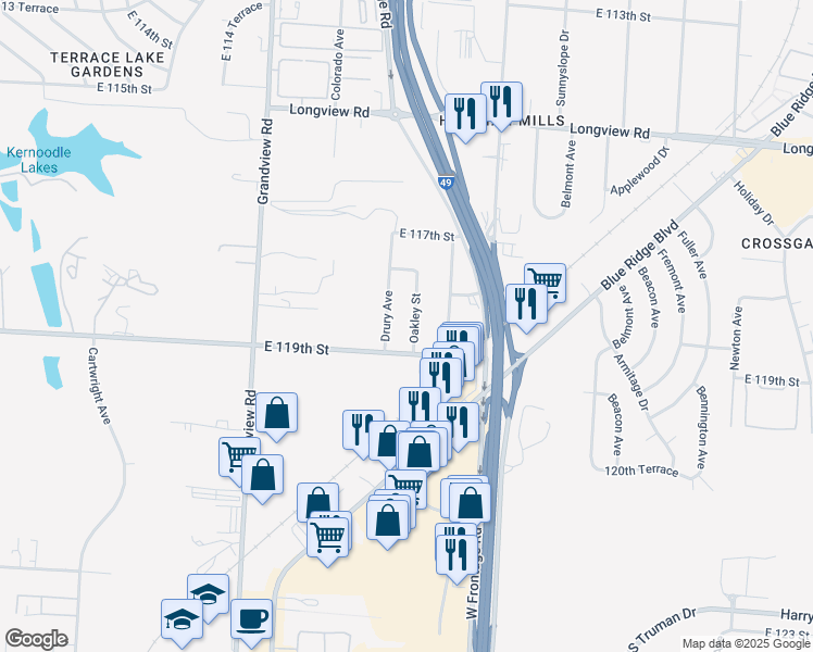 map of restaurants, bars, coffee shops, grocery stores, and more near 11815 Oakley Street in Kansas City