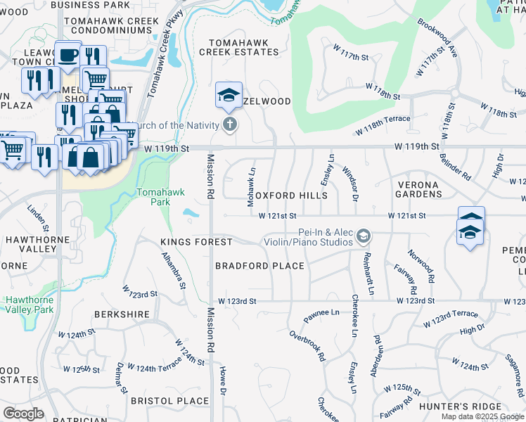 map of restaurants, bars, coffee shops, grocery stores, and more near 12020 Pawnee Lane in Leawood
