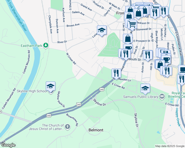map of restaurants, bars, coffee shops, grocery stores, and more near 116 West Criser Road in Front Royal