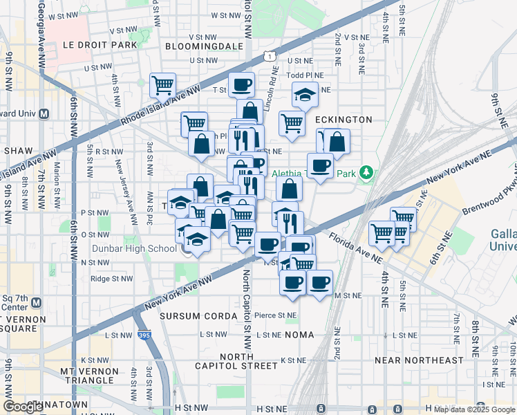 map of restaurants, bars, coffee shops, grocery stores, and more near 8 P Street Northeast in Washington
