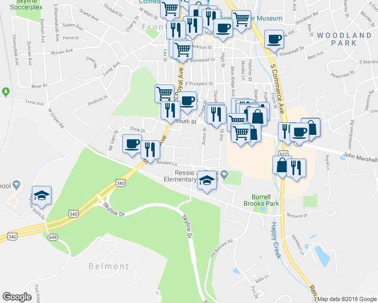 map of restaurants, bars, coffee shops, grocery stores, and more near 135 Steele Avenue in Front Royal