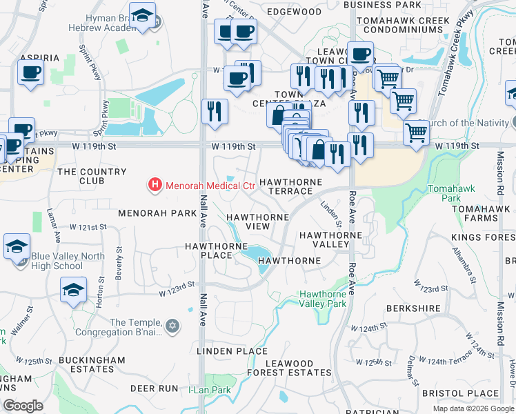 map of restaurants, bars, coffee shops, grocery stores, and more near 5225 West 121st Street in Leawood