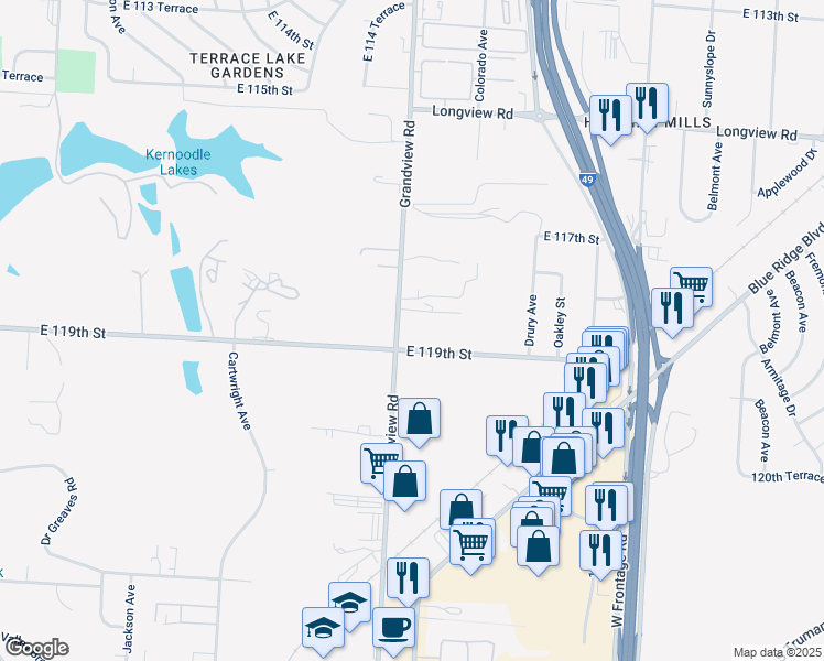 map of restaurants, bars, coffee shops, grocery stores, and more near 11815 Grandview Road in Kansas City