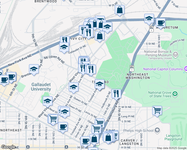 map of restaurants, bars, coffee shops, grocery stores, and more near 1905 West Virginia Avenue Northeast in Washington