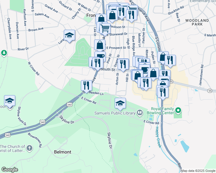 map of restaurants, bars, coffee shops, grocery stores, and more near 127 Steele Avenue in Front Royal