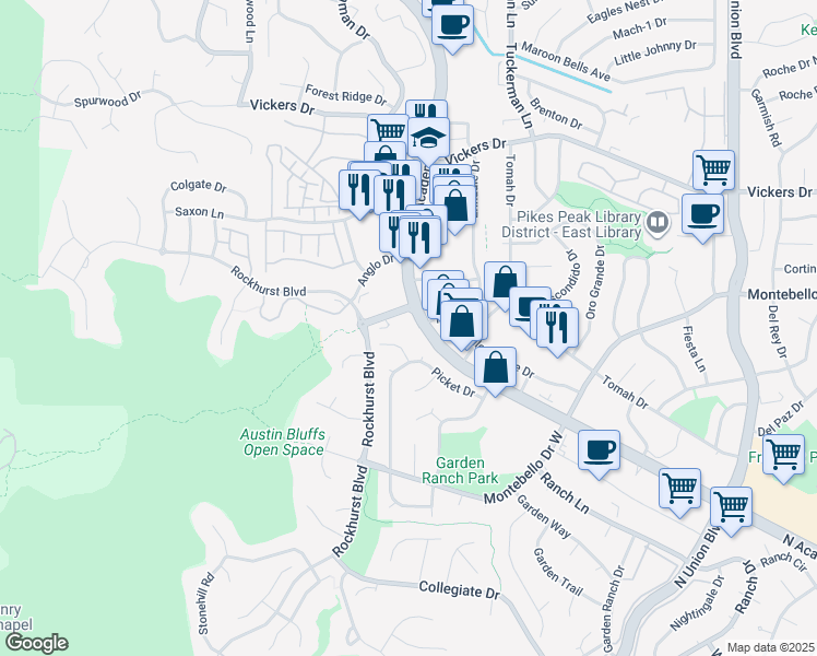 map of restaurants, bars, coffee shops, grocery stores, and more near 2105 University Park Boulevard in Colorado Springs