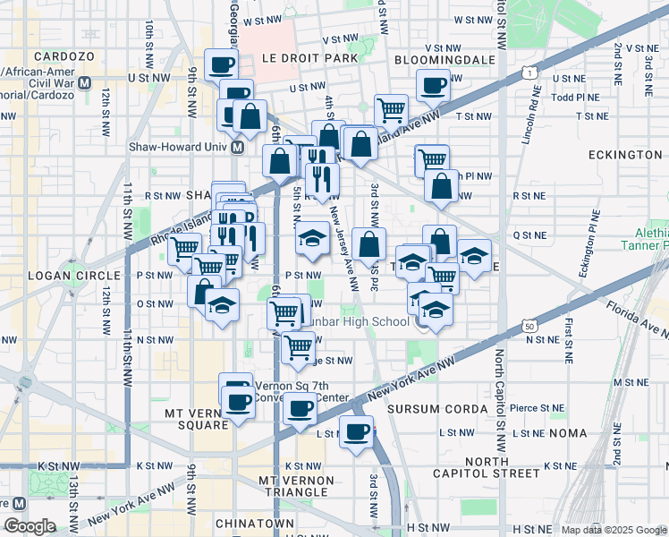map of restaurants, bars, coffee shops, grocery stores, and more near 413 P Street Northwest in Washington