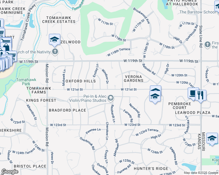 map of restaurants, bars, coffee shops, grocery stores, and more near 12011 Windsor Drive in Leawood