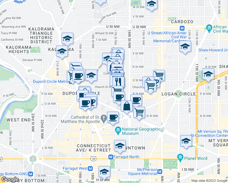 map of restaurants, bars, coffee shops, grocery stores, and more near 1506 17th Street Northwest in Washington
